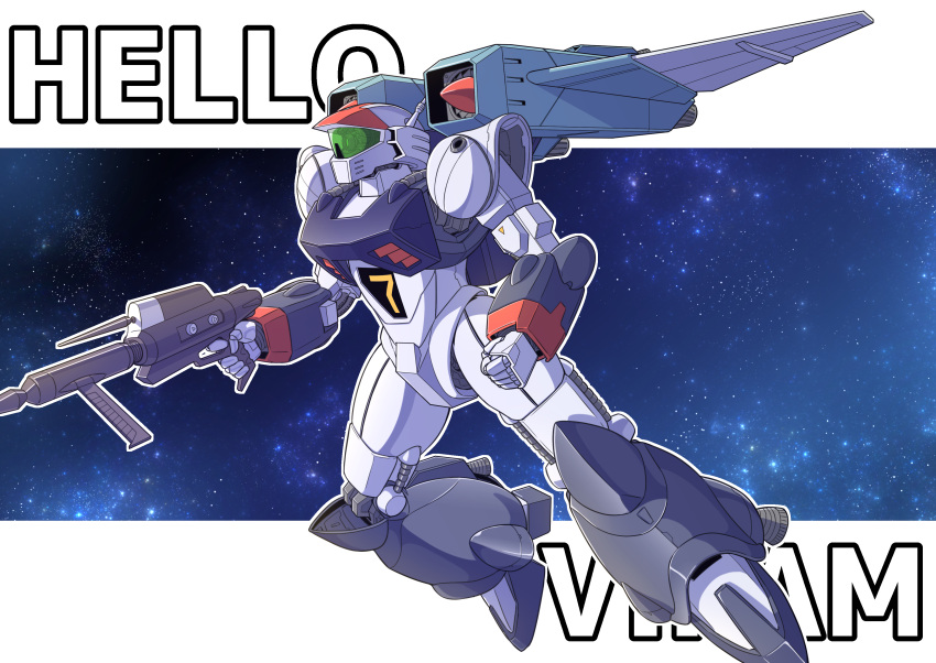 absurdres assault_visor character_name clenched_hand flying from_side ginga_hyouryuu_vifam gun highres holding holding_gun holding_weapon kaneko_naoya mecha robot science solo song_name space vernier_thrusters vifam weapon