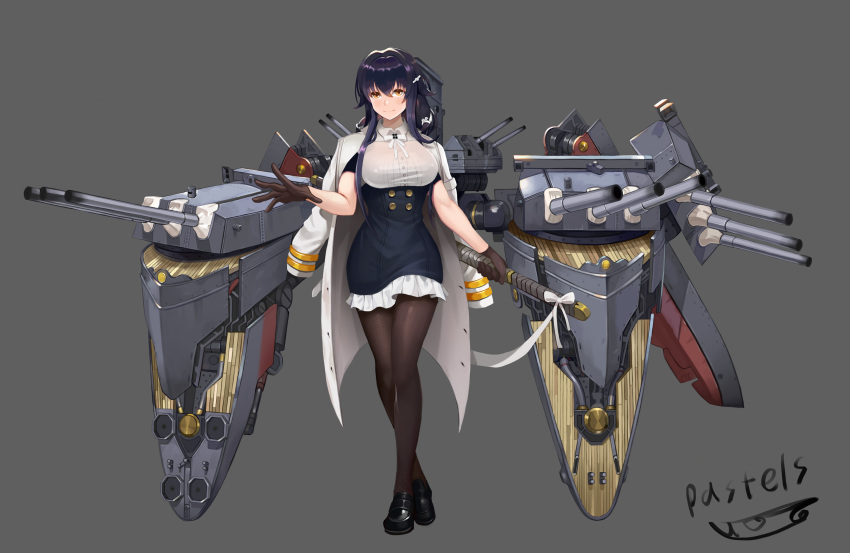 1girl absurdres azur_lane black_dress black_footwear black_hair breasts brown_gloves brown_pantyhose character_request dress full_body gloves grey_background highres holding holding_sword holding_weapon jacket jacket_on_shoulders long_sleeves medium_breasts pantyhose pasties_(kimsungjoo) sheath sheathed solo standing sword turret weapon