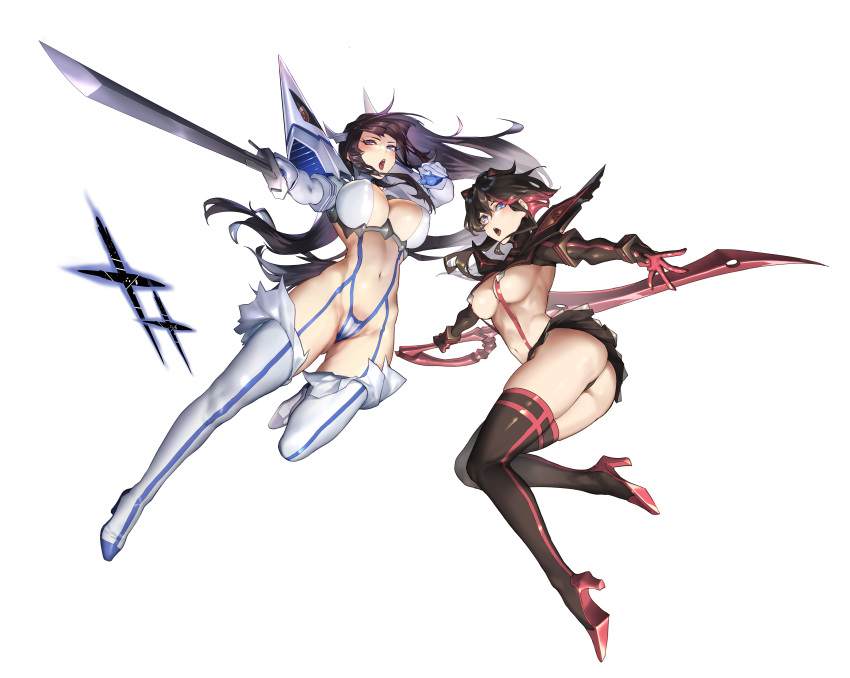 2girls absurdres ass black_hair blue_eyes boots breasts covered_nipples epaulettes from_below full_body high_collar high_heels highres jinlin junketsu katana kill_la_kill kiryuuin_satsuki large_breasts living_clothes long_hair matoi_ryuuko microskirt midriff multicolored_hair multiple_girls navel open_mouth pleated_skirt red_eyes red_hair revealing_clothes scissor_blade senketsu short_hair simple_background skirt streaked_hair suspenders sword thick_eyebrows thigh_boots underboob weapon white_background