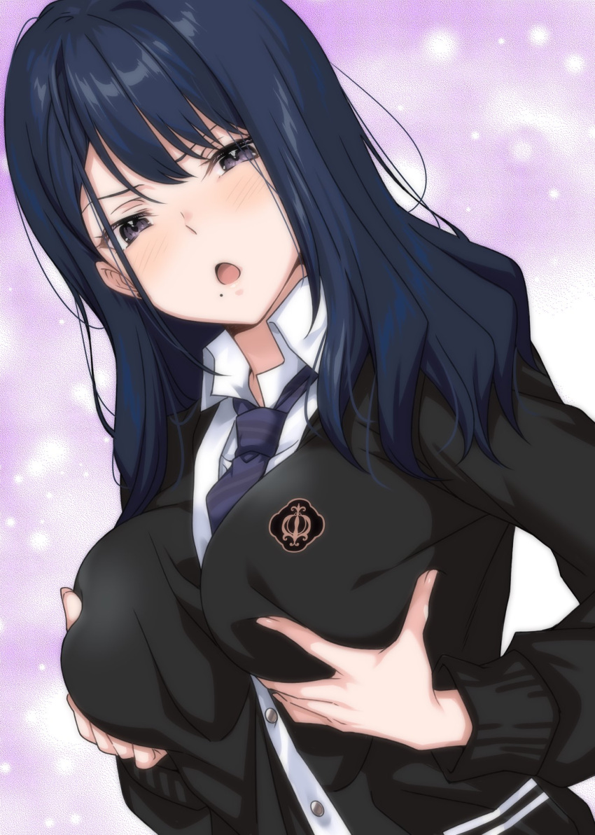 1girl blue_hair blush cardigan grabbing_own_breast hario_4 highres kurosawa_mitsuki long_hair looking_at_viewer mole mole_under_mouth mondaiji_no_watashitachi_wo_kaeta_no_wa_onaji_class_no_monaka-senpai necktie open_mouth purple_eyes school_uniform solo