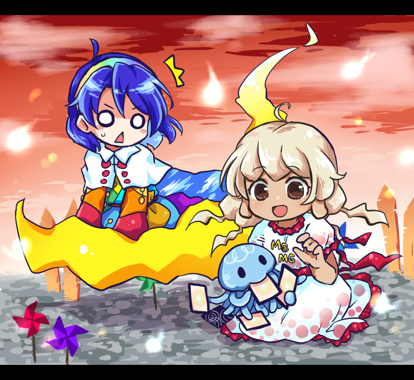 2girls ability_card_(touhou) ahoge blue_hair blush_stickers brown_eyes card cloak dress ebisu_eika hair_between_eyes hairband highres letterboxed light_brown_hair long_hair long_sleeves mg_mg multicolored_clothes multicolored_dress multicolored_hairband multiple_girls o_o open_mouth patchwork_clothes pote_(ptkan) short_hair short_sleeves smile tenkyuu_chimata touhou triangle_mouth white_cloak white_dress white_hair