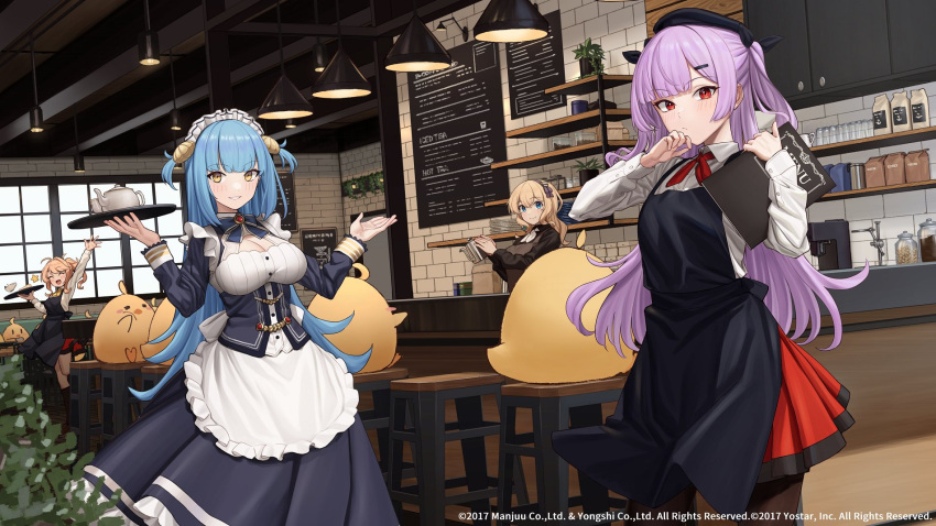 4girls achilles_(azur_lane) ajax_(azur_lane) alternate_costume apron arm_up azur_lane black_apron black_dress black_headwear blue_eyes blue_hair breasts brown_apron brown_pantyhose brown_sweater clam_shell cleavage cleavage_cutout clothing_cutout collared_shirt day dress fake_antlers frilled_apron frilled_hairband frills hairband highres holding holding_kettle holding_menu holding_tray indoors kettle lamp leander_(azur_lane) light_brown_hair long_hair long_sleeves looking_at_viewer maid maid_apron maid_headdress manjuu_(azur_lane) menu michihasu multiple_girls neptune_(azur_lane) pantyhose purple_hair red_eyes red_ribbon red_skirt ribbon shelf shell_hair_ornament shirt skirt standing star_(symbol) sweater tray two-tone_skirt underbust white_apron white_shirt yellow_eyes