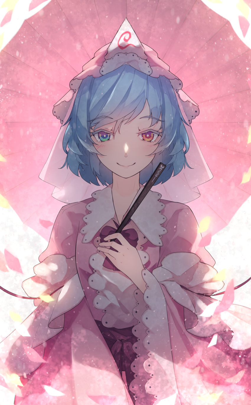 1girl absurdres alternate_color bangs belt blue_eyes blue_hair blush bow bowtie breasts cherry_blossoms chiroru_(cheese-roll) closed_mouth collared_dress cosplay dress frilled_kimono frills hair_between_eyes hand_fan hand_up hat heterochromia highres japanese_clothes juliet_sleeves kimono long_sleeves looking_at_viewer medium_breasts mob_cap oil-paper_umbrella petals pink_dress pink_headwear pink_kimono puffy_sleeves purple_belt purple_bow purple_bowtie red_eyes saigyouji_yuyuko saigyouji_yuyuko_(cosplay) short_hair simple_background smile solo standing tatara_kogasa touhou triangular_headpiece umbrella white_background wide_sleeves
