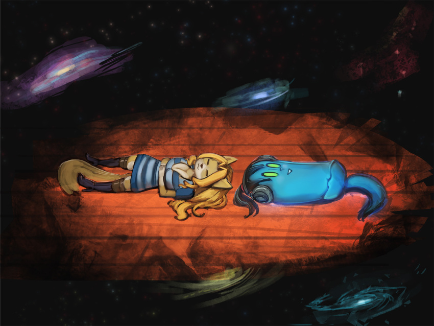 2022 anthro big_breasts blonde_hair blue_body breasts canid cheese_quesadilla clothing corablue_(character) digital_media_(artwork) duo eyes_closed felid female galaxy general-irrelevant ghost hair legwear lying lying_on_floor mammal napstablook on_back pattern_clothing smile space spirit striped_clothing stripes thigh_highs undertale undertale_(series) video_games