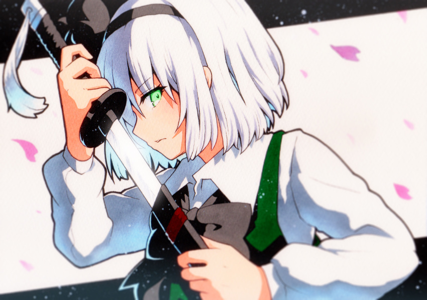 1girl black_bow black_hairband bow closed_mouth collared_shirt green_eyes green_vest hair_bow hairband highres holding holding_sword holding_weapon katana konpaku_youmu long_sleeves qqqrinkappp sheath shirt short_hair solo sword touhou traditional_media unsheathing upper_body vest weapon white_hair white_shirt