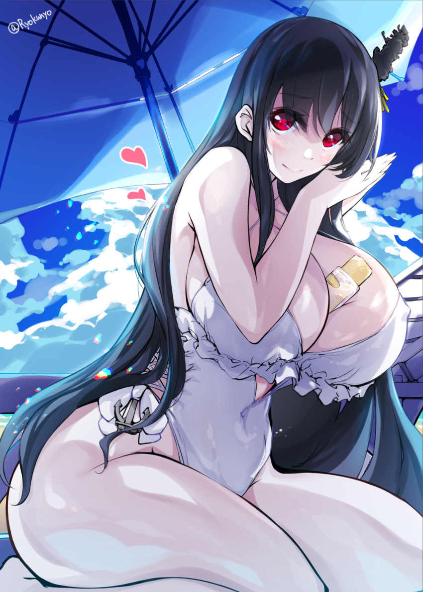 1girl beach beach_umbrella between_breasts black_hair blue_sky breasts casual_one-piece_swimsuit cloud commentary_request cosplay day flower frilled_swimsuit frills fusou_(kancolle) hair_flower hair_ornament hairband headgear highleg highleg_swimsuit highres horizon huge_breasts kantai_collection long_hair lotion moerinrin ocean one-piece_swimsuit outdoors red_eyes sagiri_(kancolle) sagiri_(kancolle)_(cosplay) side-tie_swimsuit sky solo sunscreen swimsuit umbrella white_one-piece_swimsuit