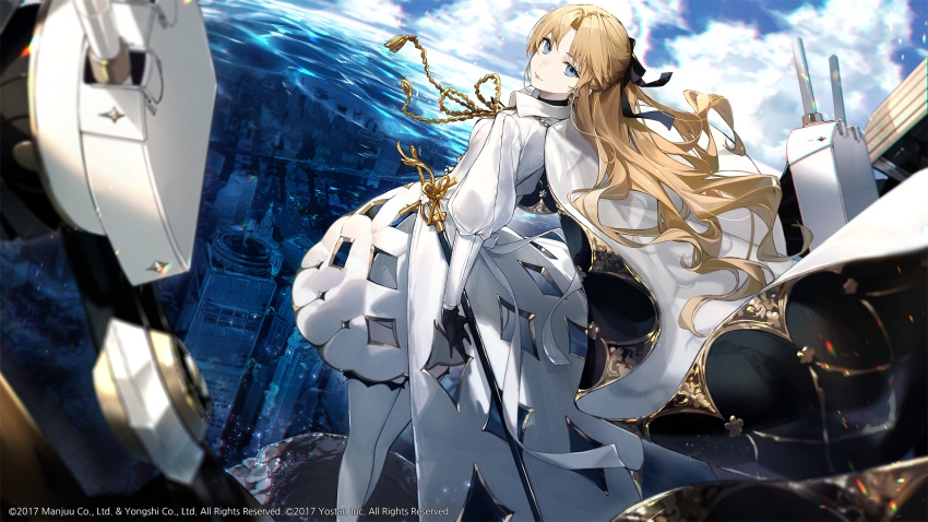 1girl artillery azur_lane black_cape black_gloves black_ribbon blonde_hair blue_eyes blue_sky cape cloud day dress dutch_angle feet_out_of_frame gloves gold_trim hair_ribbon highres long_hair long_sleeves looking_at_viewer looking_back official_art outdoors puffy_sleeves ribbon rigging scabbard sheath sheathed sky solo sword thighhighs turret two-sided_cape two-sided_fabric underwater_city vanguard_(azur_lane) walking walking_on_liquid weapon white_cape white_dress white_theme white_thighhighs yohaku