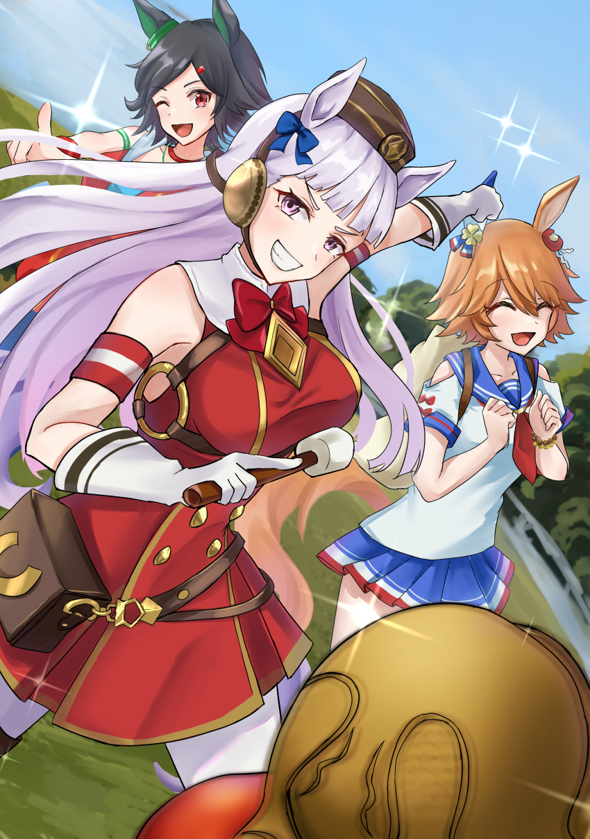 3girls ;d ^_^ absurdres animal_ears bangs black_hair blue_bow blue_skirt blunt_bangs bow bowtie brown_headwear closed_eyes clover_hair_ornament drumsticks ear_bow ear_covers ear_ornament ema flipped_hair gloves gold_ship_(umamusume) grey_hair hair_between_eyes hair_ornament highres holding holding_drumsticks horse_ears horse_girl horse_tail light_brown_hair long_hair looking_at_viewer maneki-neko matikanefukukitaru_(umamusume) multiple_girls neckerchief one_eye_closed pillbox_hat pleated_skirt pointing pointing_at_viewer purple_eyes red_bow red_bowtie red_eyes red_neckerchief school_uniform serafuku short_hair short_sleeves single_ear_cover skirt sleeveless smile sodemaru_unagi solo_focus swept_bangs tail umamusume white_gloves winning_ticket_(umamusume)