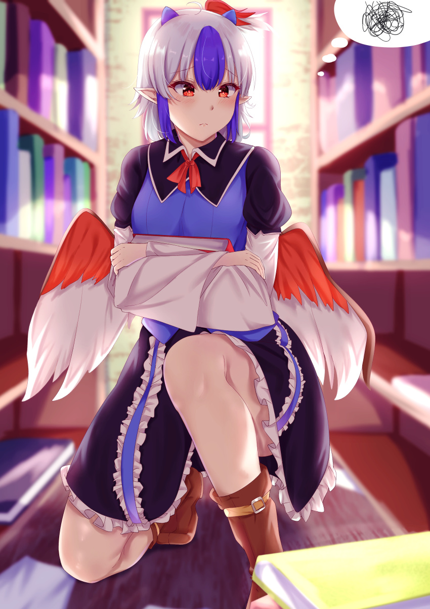 1girl absurdres blurry blurry_background blurry_foreground book book_stack bookshelf depth_of_field head_wings highres holding holding_book library mirufui multicolored_hair pointy_ears red_eyes solo tokiko_(touhou) touhou wings