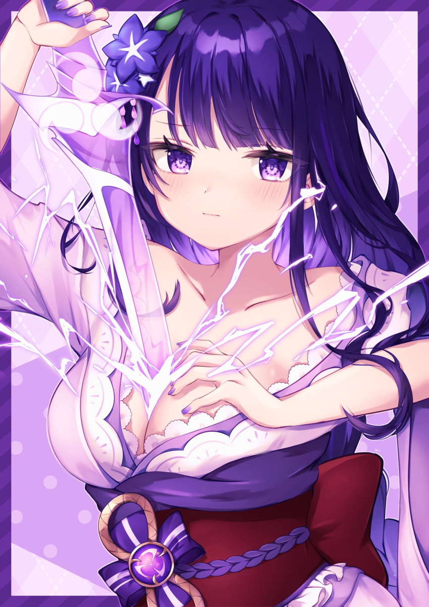 1girl bangs blunt_bangs breasts cleavage collarbone electricity genshin_impact highres holding holding_sword holding_weapon human_scabbard japanese_clothes katana kimono large_breasts long_hair looking_at_viewer miitaodao mitsudomoe_(shape) musou_isshin_(genshin_impact) obi obiage obijime purple_eyes purple_hair purple_kimono raiden_shogun sash sheath solo sword tomoe_(symbol) unsheathing weapon