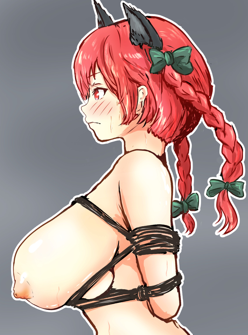 1girl animal_ears arms_behind_back bdsm bondage bound bound_arms bow box_tie braid breasts cat_ears from_side hair_bow highres hinben huge_breasts kaenbyou_rin multiple_tails nipples nude profile red_eyes red_hair restrained rope shibari solo tail touhou twin_braids