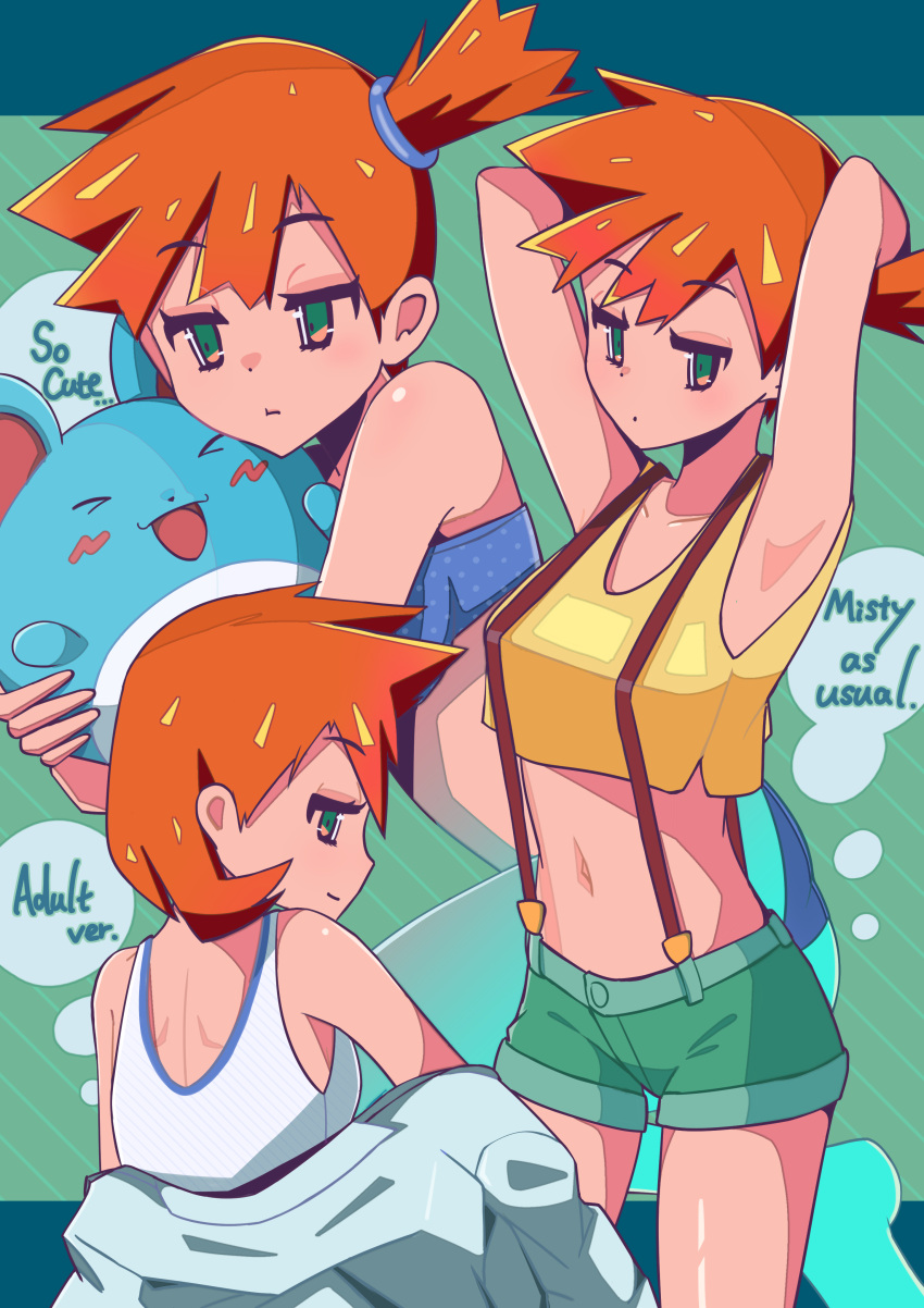 &gt;_&lt; :d absurdres arms_up bangs bikini blue_bikini breasts closed_mouth commentary competition_swimsuit expressionless green_eyes highres holding jacket looking_at_viewer marill midriff misty_(pokemon) navel one-piece_swimsuit open_clothes open_jacket orange_hair pokemon pokemon_(anime) pokemon_(classic_anime) pokemon_(creature) pokemon_(game) pokemon_hgss short_hair shorts side_ponytail smile spiked_hair suspender_shorts suspenders swimsuit xd yodok