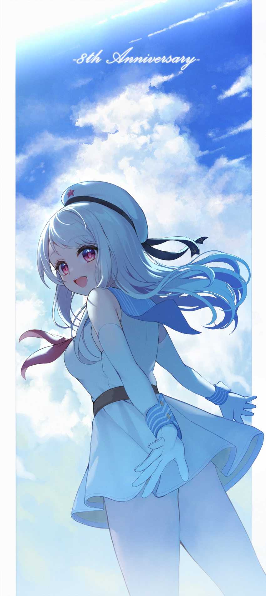 1girl :d absurdres anniversary beret blue_sailor_collar blue_sky cloud cloudy_sky commentary_request day dress elbow_gloves floating_hair from_behind gloves hasu_(velicia) hat highres long_hair looking_at_viewer looking_back red_eyes sailor_collar sailor_dress sky sleeveless sleeveless_dress smile solo warship_girls_r white_dress white_gloves white_hair white_headwear wrist_cuffs