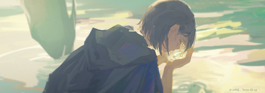 1girl black_cloak brown_hair cloak closed_eyes creature cupping_hands drinking facial_mark highres holding_water hood hooded_cloak monster original outdoors ripples short_hair solo_focus water water_in_hands xilmo