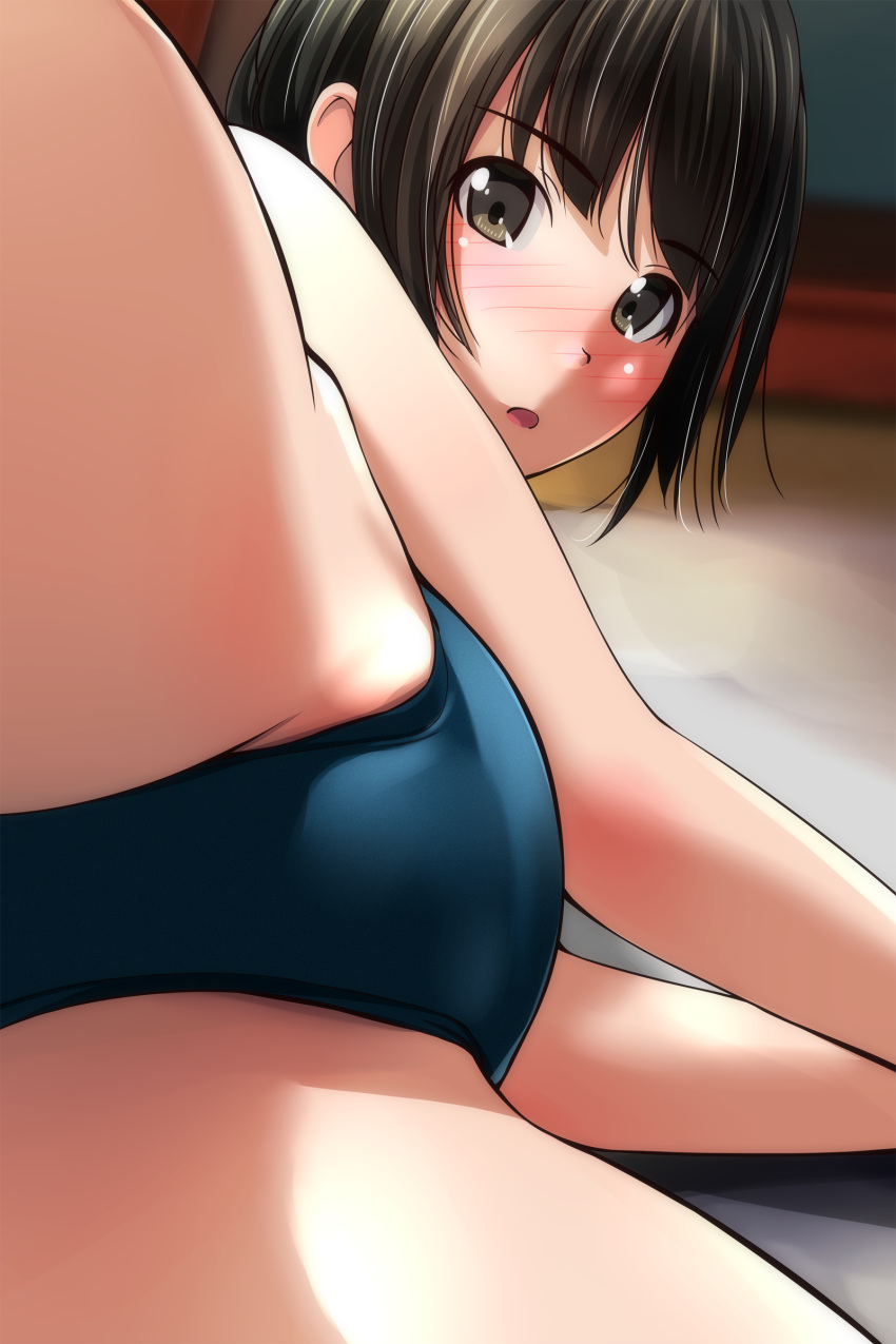 1girl absurdres bangs blue_one-piece_swimsuit blush brown_eyes brown_hair highres looking_at_viewer matsunaga_kouyou one-piece_swimsuit original short_hair solo swimsuit thighs