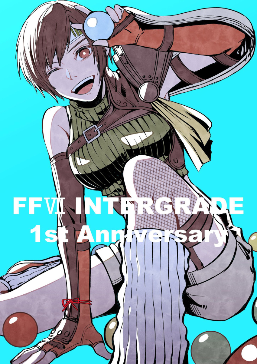 1girl armor asymmetrical_legwear between_legs blue_background breasts brown_eyes brown_hair crop_top elbow_gloves feet_out_of_frame final_fantasy final_fantasy_vii final_fantasy_vii_remake fingerless_gloves fishnet_thighhighs fishnets gloves green_shirt grey_shorts hand_between_legs headband highres holding leg_warmers looking_at_viewer materia medium_breasts ninja_(final_fantasy) nnnmmg0725 one_eye_closed open_mouth orange_gloves ribbon shirt short_hair shorts shoulder_armor single_bare_shoulder sitting sleeveless sleeveless_turtleneck smile solo teeth thighhighs turtleneck upper_teeth v yellow_ribbon yuffie_kisaragi