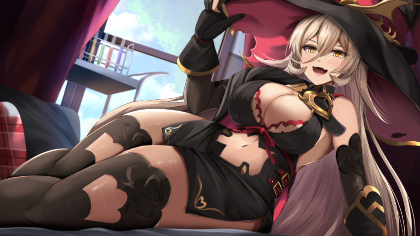 1girl black_gloves blonde_hair breasts cleavage cleavage_cutout clothing_cutout day elbow_gloves fang gloves hat kanzaki_kureha legs long_hair looking_at_viewer lying navel navel_cutout nijisanji nui_sociere open_mouth red_ribbon ribbon sky solo thighhighs very_long_hair window witch_hat yellow_eyes