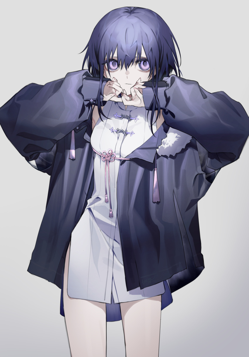 1girl absurdres bangs black_hair black_jacket breasts closed_mouth commentary_request dress grey_background hair_between_eyes haizome_senri hands_up highres jacket long_sleeves looking_at_viewer open_clothes open_jacket original puffy_long_sleeves puffy_sleeves purple_eyes simple_background sleeveless sleeveless_dress sleeves_past_wrists small_breasts solo standing white_dress