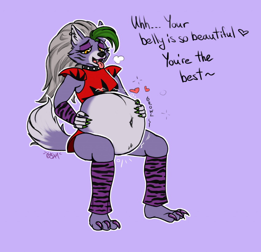 &lt;3 2022 animatronic anthro belly big_belly canid canine canis claws clothed clothing dialogue digestion digestion_noises ear_piercing ear_ring fangs female five_nights_at_freddy's five_nights_at_freddy's:_security_breach fur g3xa green_hair hair half-closed_eyes hand_on_stomach hi_res leg_warmers legwear machine mammal narrowed_eyes navel open_mouth piercing ring_piercing robot roxanne_wolf_(fnaf) scottgames shoulder_pads sitting soft_vore solo spread_legs spreading text toe_claws tongue tongue_out video_games vore wolf