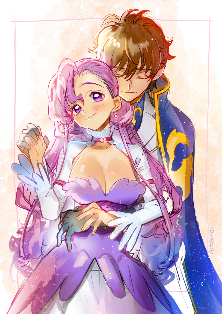 1boy 1girl asymmetrical_bangs bangs black_gloves blue_jacket blush border breasts brown_hair cleavage closed_eyes code_geass couple dress euphemia_li_britannia frilled_sleeves frills gloves hair_between_eyes hetero highres holding_hands hug hug_from_behind jacket kururugi_suzaku large_breasts long_hair looking_at_viewer military_jacket pink_eyes pink_hair purple_dress short_hair smile tibino two-tone_dress white_dress white_sleeves