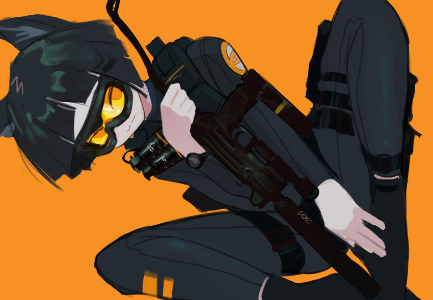 1girl :3 absurdres animal_ears black_hair bodysuit closed_mouth flippers goggles gun highres imi_uzi looking_at_viewer orange_background original polilla short_hair simple_background smile solo spread_legs submachine_gun suppressor thigh_strap tinted_eyewear weapon wetsuit yellow-tinted_eyewear