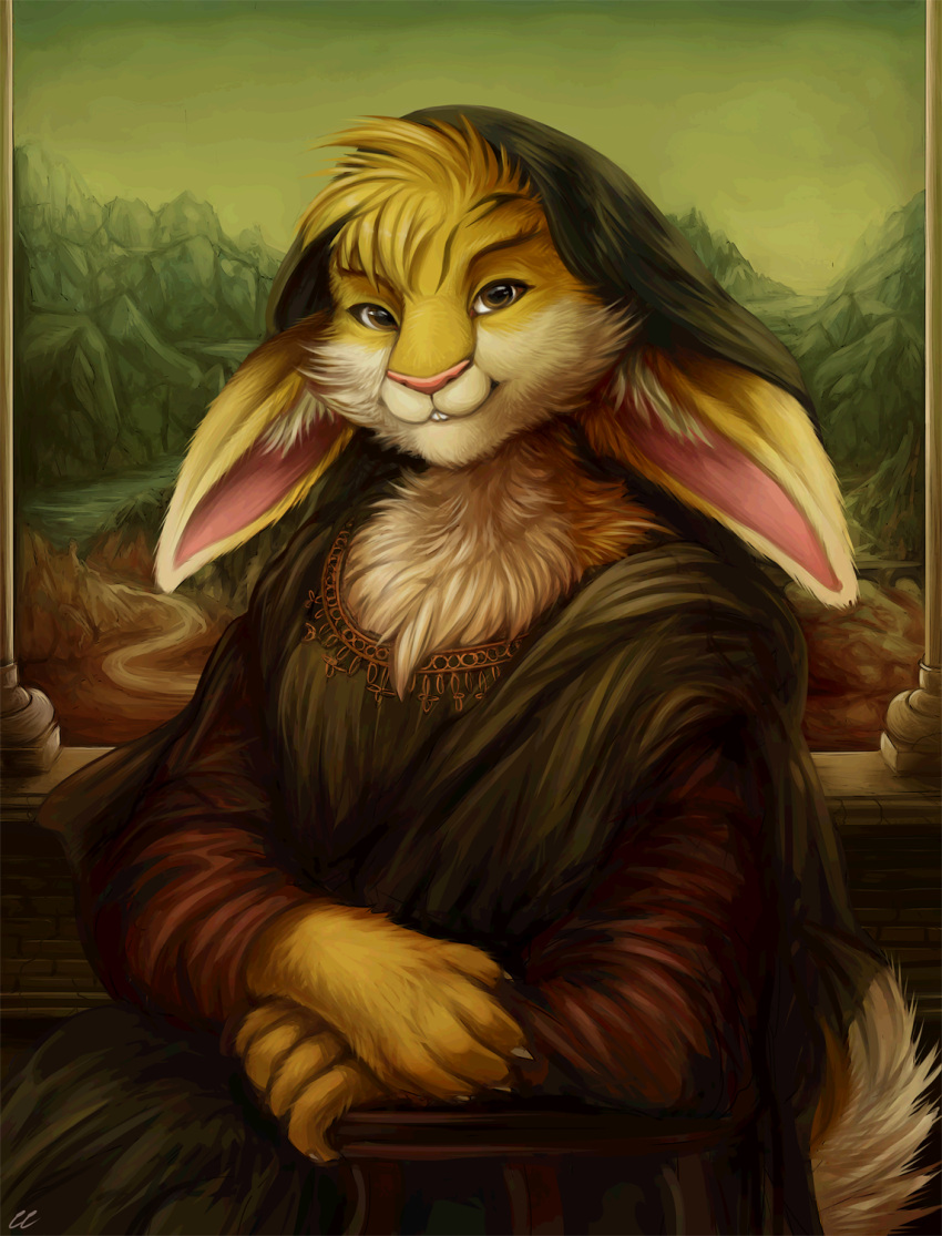 2019 anthro brown_eyes chair chibity clothed clothing detailed_background dress ears_down fluffy fur furniture headgear headwear hi_res inner_ear_fluff inspired_by_formal_art lagomorph landscape leporid looking_at_viewer male mammal mona_lisa_(artwork) pivoted_ears rabbit sitting solo tuft yellow_body yellow_fur