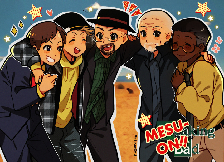 5boys absurdres beard black_headwear blonde_hair blush_stickers breaking_bad brown_hair closed_eyes dark-skinned_male dark_skin facial_hair formal glasses gustavo_fring hat highres huyandere jesse_pinkman k-on! logo looking_at_viewer mike_ehrmantraut multiple_boys necktie open_mouth parody saul_goodman smile star_(symbol) style_parody teeth walter_white