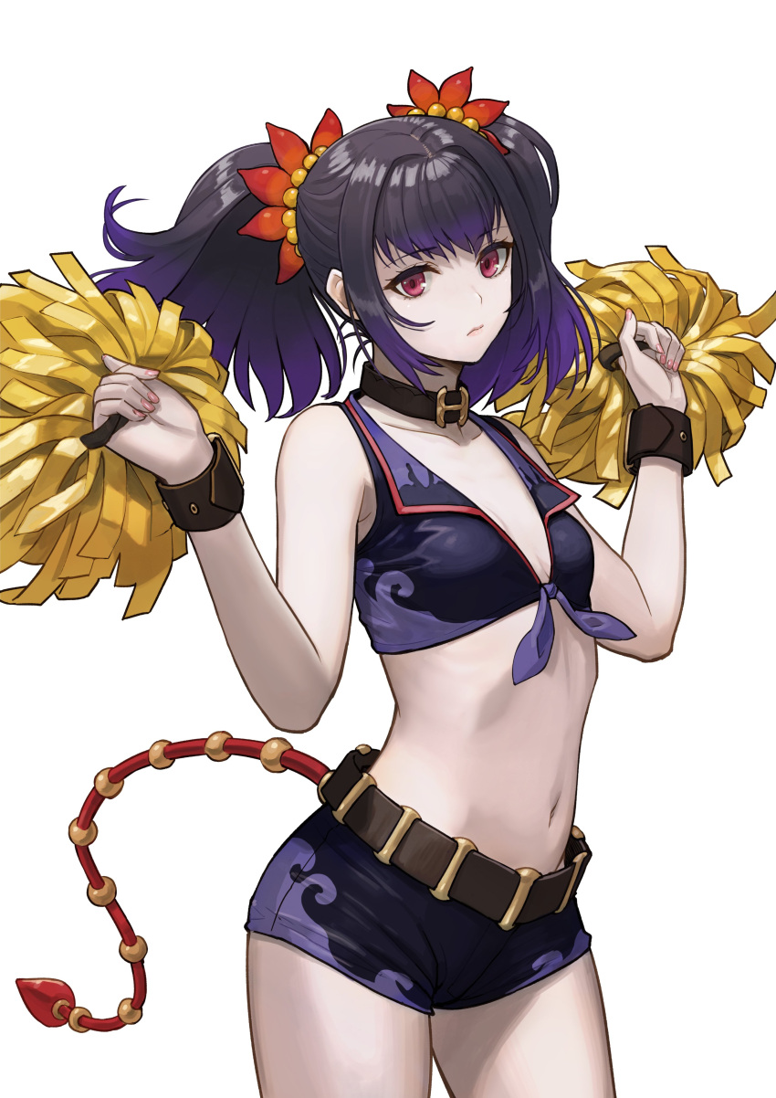 1girl absurdres black_choker cheerleader choker commission crop_top flower hair_ornament highres holding holding_pom_poms looking_at_viewer midriff nail_polish navel pink_nails pom_pom_(cheerleading) purple_eyes purple_hair saimon_(tales) shorts skeb_commission solo tales_of_(series) tales_of_zestiria tantaka twintails