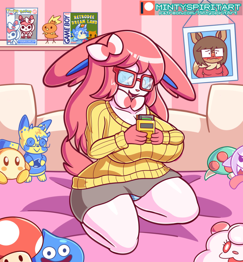 2022 anthro bed belly big_breasts big_butt blue_sclera boo_(mario) bottomwear breasts butt clothing digital_media_(artwork) dragon_quest ears_down eevee eeveelution endless_fantasy_(mintyspirit) eyewear female fungus funko_pop! fur furniture game_boy_color game_boy_family gaming generation_1_pokemon generation_3_pokemon generation_6_pokemon glasses hair happy javisylveon_(mintyspirit) kirby_(series) legwear mario_bros markings metroid mintyspirit mushroom nintendo open_mouth panties photo pikachu pink_bed pink_hair pink_nose pink_stockings pivoted_ears playing_videogame plushie pokemon pokemon_(species) red_eyewear red_glasses reflection skirt slightly_chubby slime_(dragon_quest) smile solo square_enix stockings sweater swirlix sylveon thick_thighs topwear torchic toy underwear video_games waddle_dee watermark white_body white_eyes white_fur wide_hips yellow_clothing yellow_sweater yellow_topwear