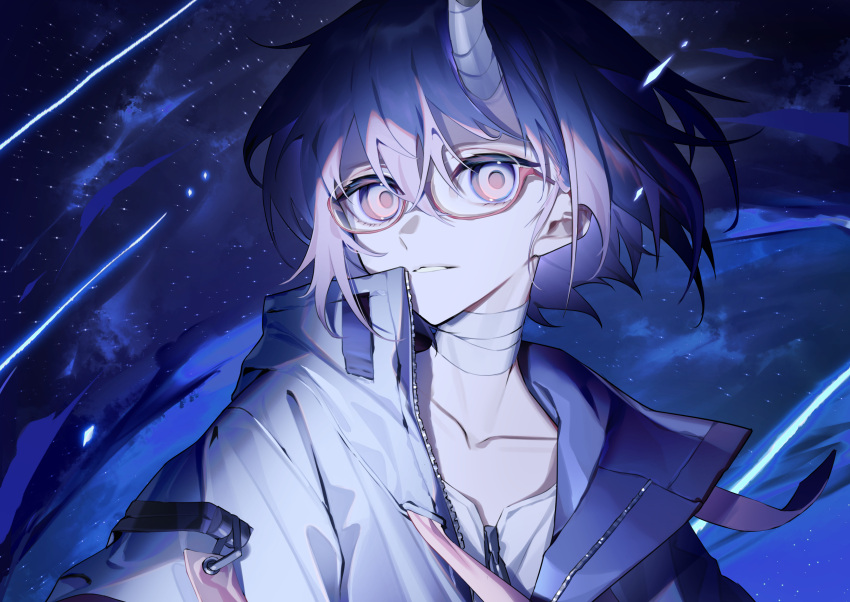 1girl absurdres bandaged_neck bandages bangs blue_hair blue_jacket cloud collarbone commentary_request glasses hair_between_eyes haizome_senri highres horns jacket kashi_otoha looking_at_viewer night night_sky official_art open_clothes open_jacket outdoors parted_lips red-framed_eyewear semi-rimless_eyewear shirt single_horn sky solo star_(sky) starry_sky under-rim_eyewear upper_body versen virtual_youtuber white_shirt