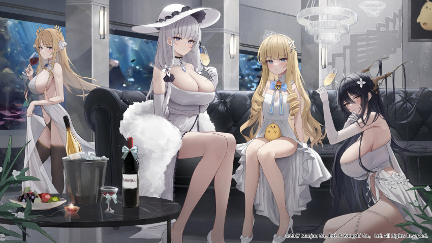 4girls azur_lane bangs bare_shoulders biya_(1024) black_thighhighs blonde_hair blue_eyes blush breasts cleavage closed_mouth couch dress elbow_gloves gloves grey_hair hat highres huge_breasts illustrious_(azur_lane) indomitable_(azur_lane) indoors large_breasts long_hair looking_at_viewer manjuu_(azur_lane) multiple_girls official_art queen_elizabeth_(azur_lane) sitting small_breasts thighhighs thighs victorious_(azur_lane) white_dress white_footwear white_gloves white_headwear