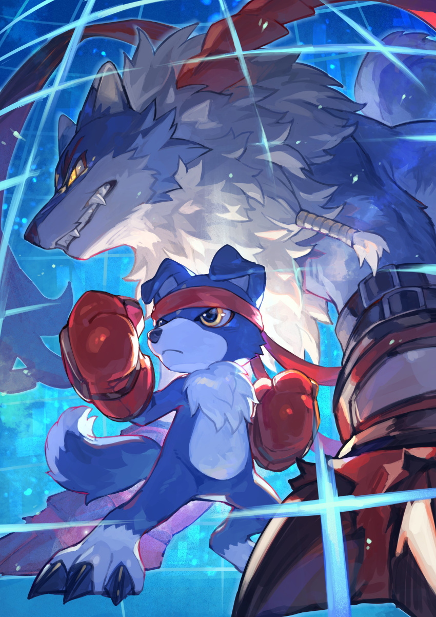 absurd_res accessory anthro bandai_namco blue_body blue_fur boxing_gloves canid canine claws clothing digimon digimon_(species) evolutionary_family feral fur gaogamon gaomon handwear headband hi_res male mammal wolftapioca yellow_eyes
