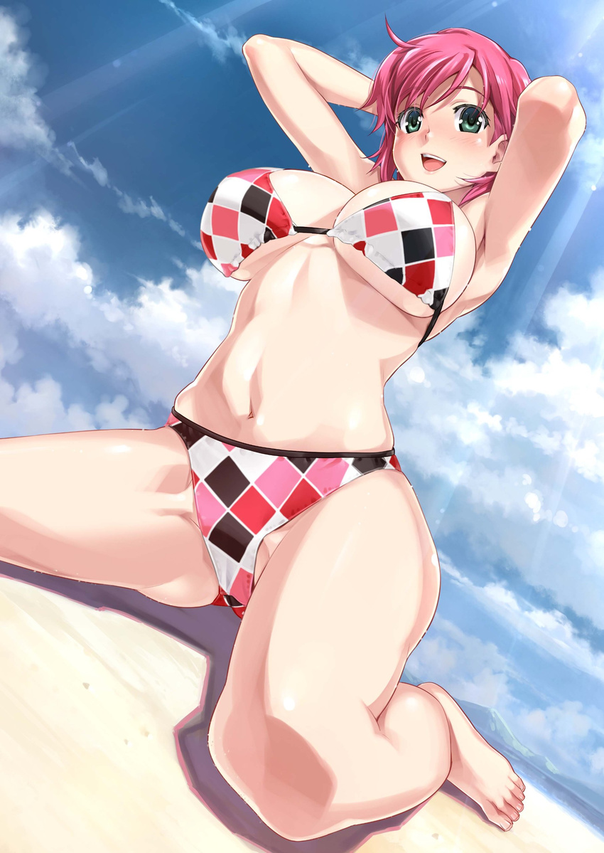 :d absurdres armpits arms_behind_head barefoot beach bikini breasts checkered checkered_bikini cloud day dutch_angle green_eyes happoubi_jin highres huge_breasts iihara_nao navel open_mouth outdoors red_hair resort_boin scan short_hair sitting smile solo sunlight swimsuit underboob wariza