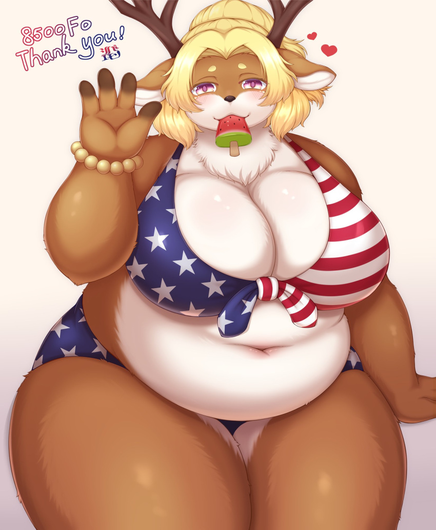 &lt;3 4_fingers :3 american_flag_bikini anthro antlers belly big_belly big_breasts bikini biped blonde_hair blue_bottomwear blue_clothing blue_topwear bottomwear bracelet breasts brown_antlers brown_body brown_ears brown_fur brown_horn brown_nose capreoline cervid chest_tuft cleavage clothed clothing colored countershade_face countershade_legs countershade_torso countershading curvy_figure deep_navel digital_media_(artwork) female fingerless_(marking) fingers flag_bikini flag_clothing flag_print flag_swimwear food front_view fruit fully_clothed fur gesture glistening glistening_body glistening_breasts glistening_fur hair heart_reaction hi_res horn huge_breasts humanoid_hands jewelry kemono looking_at_viewer mammal melon midriff milestone monotone_ears monotone_hair mouth_hold multicolored_body multicolored_fur navel overweight overweight_anthro overweight_female pink_eyes pink_pupils plant popsicle popsicle_in_mouth portrait print_bikini print_clothing print_swimwear pupils red_clothing red_topwear reindeer shaded shibaemonxsk simple_background smile solo standing stars_and_stripes swimwear thick_thighs three-quarter_portrait topwear tuft two_tone_body two_tone_fur united_states_of_america voluptuous watermelon watermelon_popsicle watermelon_slice waving white_background white_body white_countershading white_fur white_inner_ear wide_hips