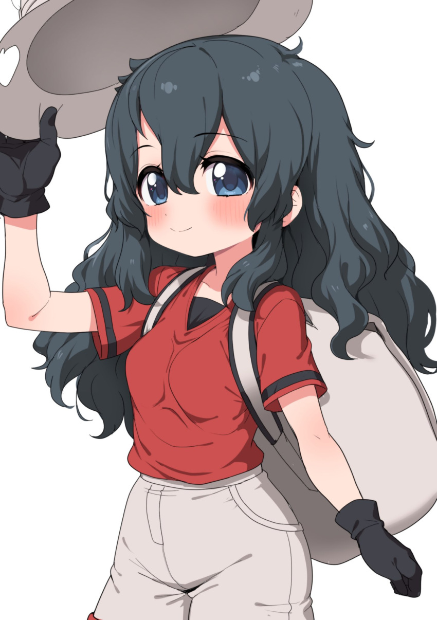 1girl alternate_hairstyle backpack bag black_gloves black_hair blue_eyes blush commentary_request cowboy_shot gloves grey_shorts hat hat_removed headwear_removed helmet highres kaban_(kemono_friends) kemono_friends long_hair looking_at_viewer pith_helmet ransusan red_shirt shirt short_sleeves shorts smile solo t-shirt