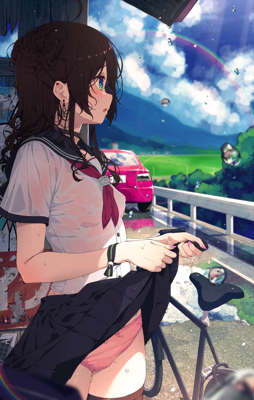1girl :o absurdres aqua_eyes bicycle black_choker black_hair black_skirt blue_sky breasts bus_stop car choker clothes_lift cloud covered_nipples from_side ground_vehicle highres hololive lifted_by_self motor_vehicle natsuiro_matsuri neckerchief no_bra open_mouth outdoors panties pink_nails pink_panties pleated_skirt rainbow red_neckerchief sailor_collar school_uniform see-through see-through_shirt serafuku shirt skirt skirt_lift sky small_breasts solo sy4 thighhighs underwear virtual_youtuber water_drop wet wet_clothes wet_hair wet_shirt wringing_clothes wringing_skirt