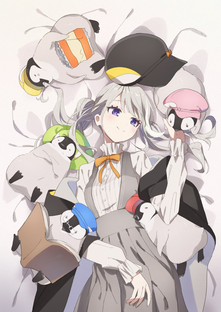 1girl =_= animal bag bangs bed_sheet bird black_headwear blue_headwear book bow breasts brown_bow cabbie_hat closed_eyes closed_mouth commentary_request glass green_headwear grey_hair grey_skirt hand_up hat hat_removed headwear_removed highres indie_virtual_youtuber long_hair long_sleeves lying medium_breasts on_back open_book penguin pink_headwear pleated_skirt puffy_long_sleeves puffy_sleeves purple_hair red_headwear shirt skirt sleeves_past_wrists smile solo suspender_skirt suspenders syukapen tama_(tama-s) twintails virtual_youtuber white_shirt yellow_headwear