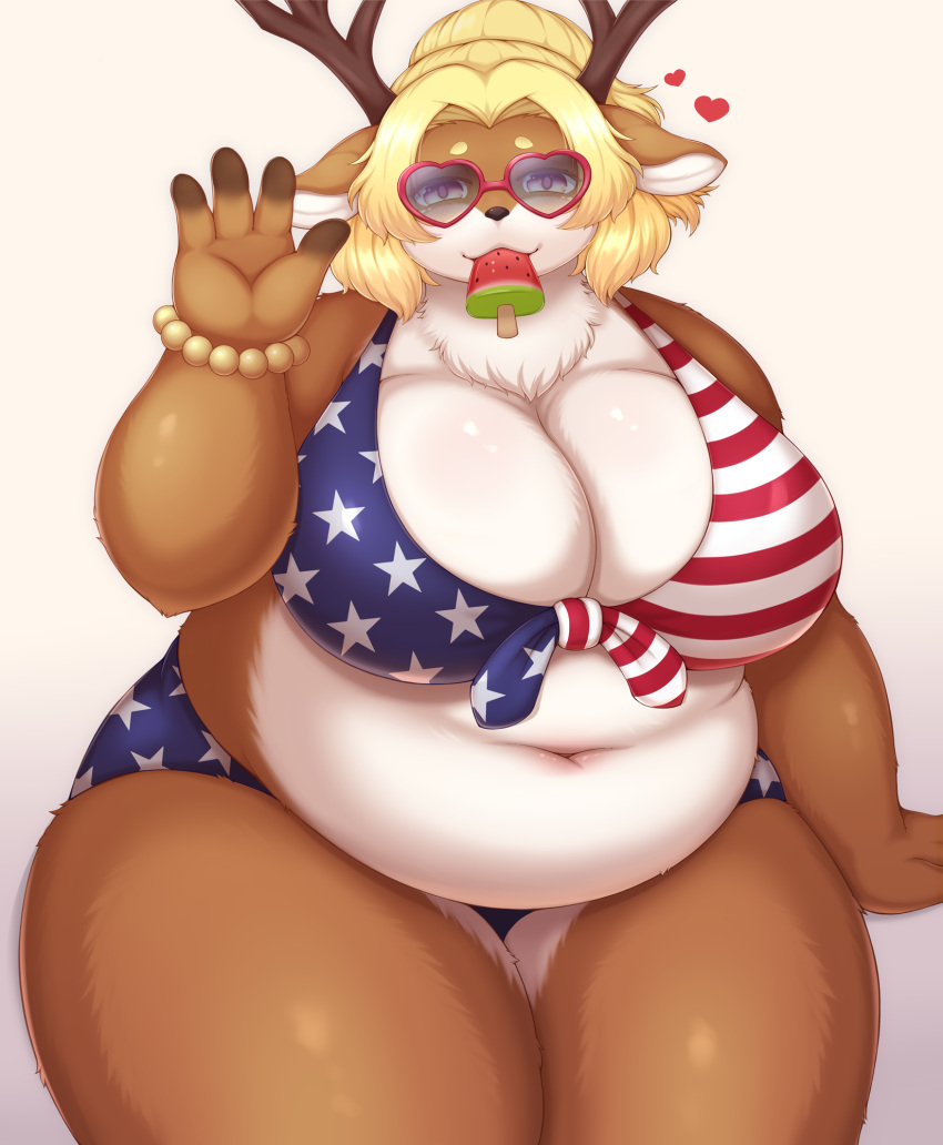 &lt;3 4_fingers :3 american_flag_bikini anthro antlers belly big_belly big_breasts bikini biped blonde_hair blue_bottomwear blue_clothing blue_topwear bottomwear bracelet breasts brown_antlers brown_body brown_ears brown_fur brown_horn brown_nose capreoline cervid chest_tuft cleavage clothed clothing colored countershade_face countershade_legs countershade_torso countershading curvy_figure deep_navel digital_media_(artwork) eyewear female fingerless_(marking) fingers flag_bikini flag_clothing flag_print flag_swimwear food front_view fruit fully_clothed fur gesture glistening glistening_body glistening_breasts glistening_fur hair heart_reaction heart_sunglasses hi_res horn huge_breasts humanoid_hands jewelry kemono looking_at_viewer mammal melon midriff monotone_ears monotone_hair mouth_hold multicolored_body multicolored_fur navel overweight overweight_anthro overweight_female pink_eyes pink_pupils plant popsicle popsicle_in_mouth portrait print_bikini print_clothing print_swimwear pupils red_clothing red_topwear reindeer shaded shibaemonxsk simple_background smile solo standing stars_and_stripes sunglasses swimwear thick_thighs three-quarter_portrait topwear tuft two_tone_body two_tone_fur united_states_of_america voluptuous watermelon watermelon_popsicle watermelon_slice waving white_background white_body white_countershading white_fur white_inner_ear wide_hips