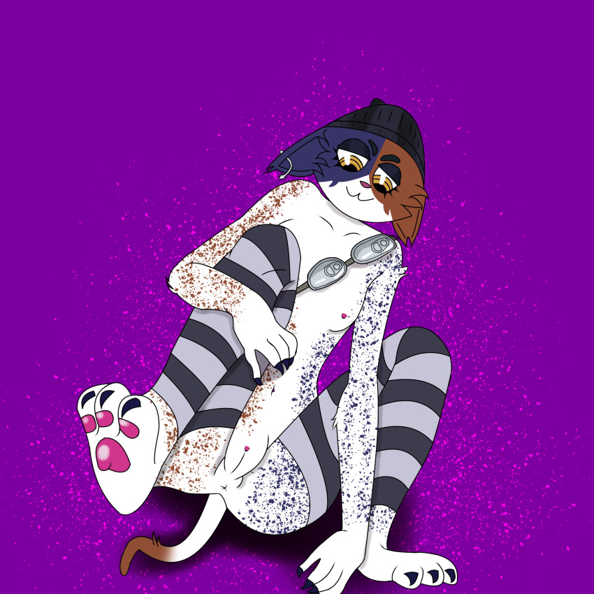 anthro calico_cat clothing domestic_cat epic_games felid feline felis female fortnite genitals hat headgear headwear hi_res mammal meow_skulls_(fortnite) mottled necronis999 paws piebald pussy ring_piercing sibling sister solo video_games