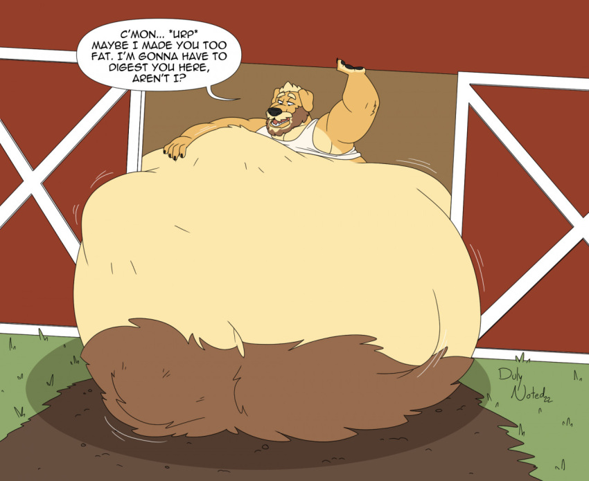 abdominal_bulge anthro belly belly_expansion belly_overhang bovid bovine canid canine canis cattle digestion domestic_dog duly_(character) duly_noted duo expansion farm feeding feedism male male/male mammal overweight overweight_male retreiver weight_gain