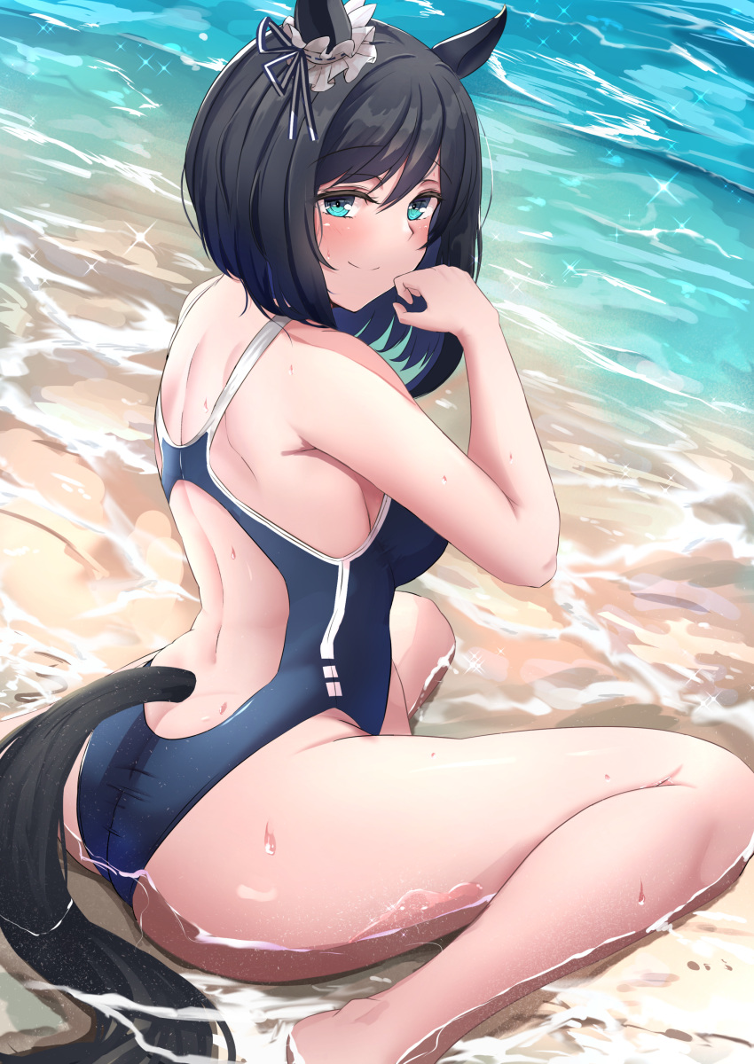 1girl absurdres animal_ears aqua_eyes ass back bare_shoulders black_hair blush butter_curry closed_mouth competition_swimsuit day eishin_flash_(umamusume) from_behind hair_ribbon hand_up highres horse_ears horse_girl horse_tail looking_at_viewer looking_back medium_hair one-piece_swimsuit outdoors ribbon scrunchie sitting smile solo swimsuit tail thighs umamusume wariza water wet