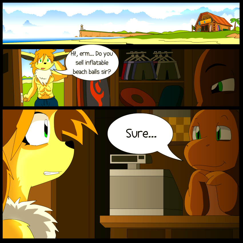 anthro beach cash_register charmander comic drgnalexia duo eeveelution generation_1_pokemon hi_res humanoid jolteon male nintendo pokemon pokemon_(species) seaside smile smirk store surfboard video_games