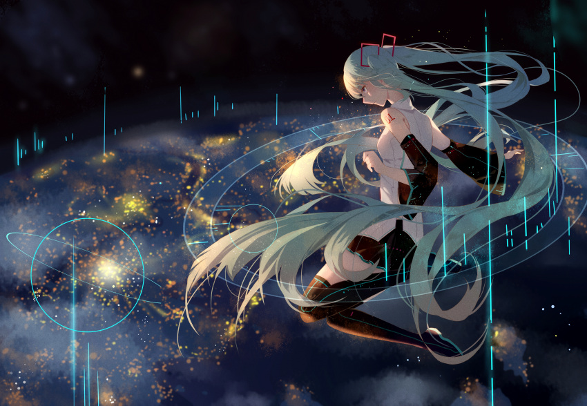 1girl absurdres aqua_hair bangs bare_shoulders black_sleeves blue_theme blurry blurry_background boots hatsune_miku highres light_particles long_hair looking_down molly790 planet planetary_ring skirt sky space star_(sky) starry_sky thigh_boots twintails very_long_hair vocaloid