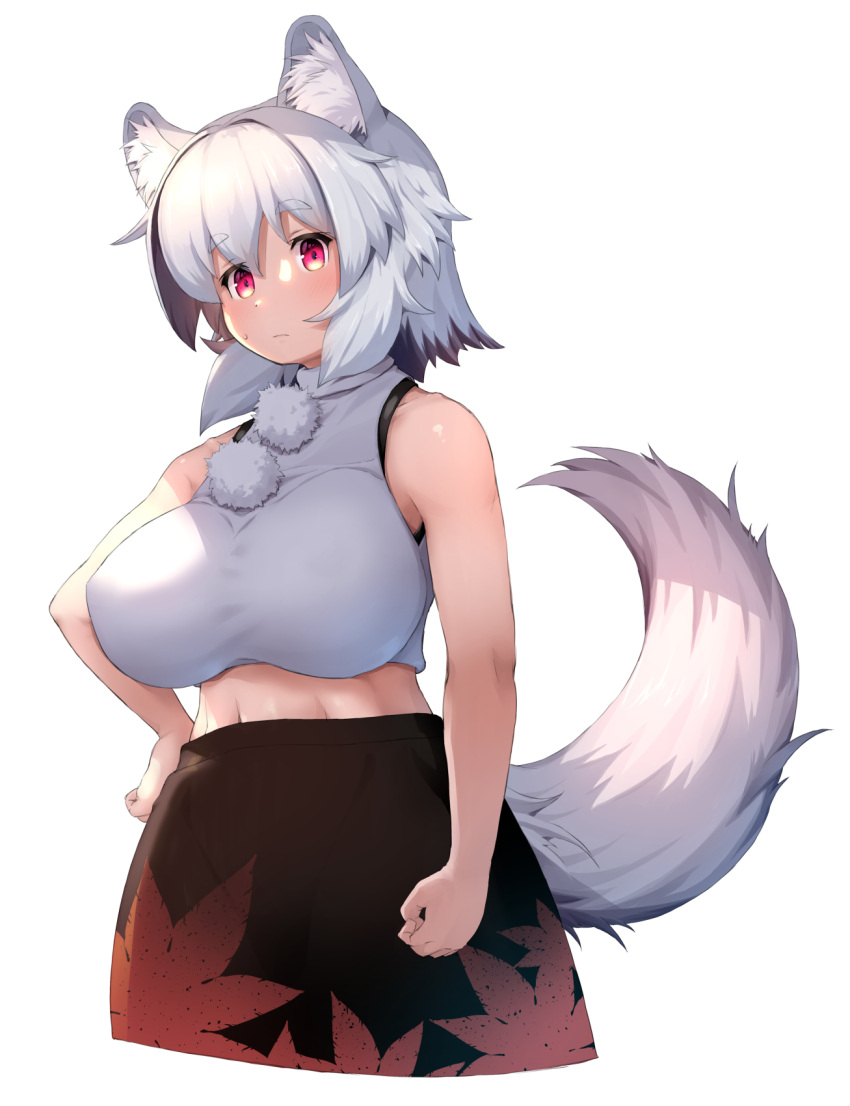 1girl animal_ear_fluff animal_ears betei breasts commentary_request hand_on_hip highres inubashiri_momiji large_breasts looking_at_viewer midriff navel no_headwear pink_eyes shirt short_hair simple_background skirt sleeveless sleeveless_shirt solo tail touhou white_background white_hair white_shirt wolf_ears wolf_tail