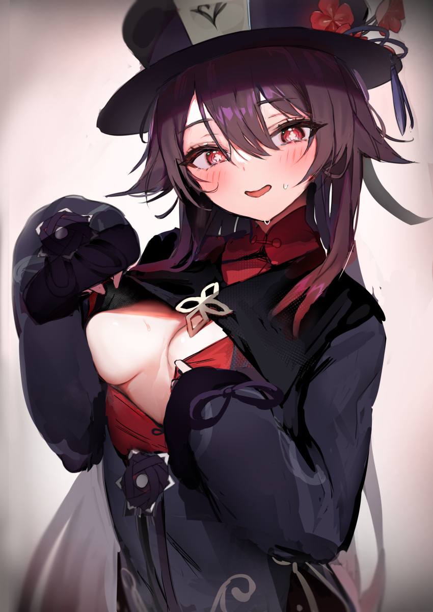 1girl absurdres bangs black_coat black_headwear blush breasts brown_hair coat flower genshin_impact hat hat_flower highres hu_tao_(genshin_impact) long_hair long_sleeves looking_at_viewer medium_breasts open_mouth plum_blossoms pomesaurus red_eyes smile solo symbol-shaped_pupils twintails very_long_hair