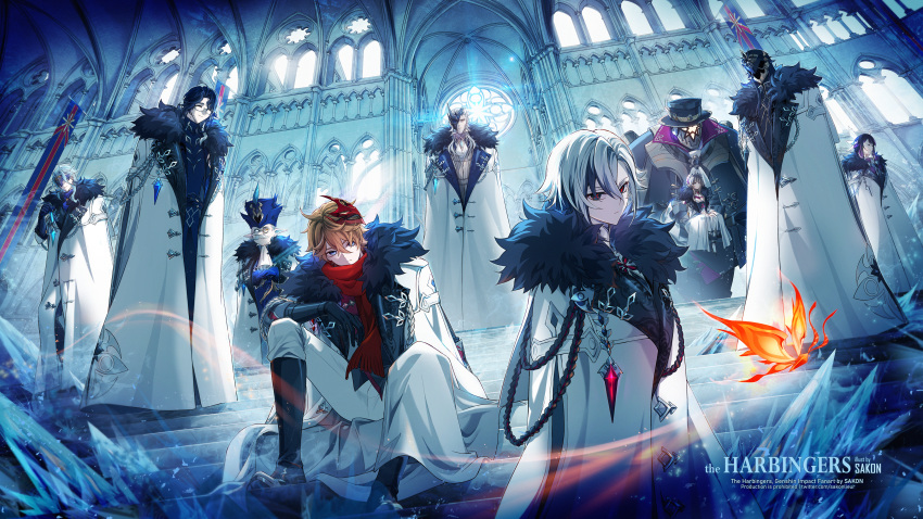 2girls 6+boys absurdres aiguillette arlecchino_(genshin_impact) bangs black_hair blue_eyes bow bowtie capitano_(genshin_impact) cathedral closed_eyes closed_mouth coat coffin crimson_lotus_moth_(genshin_impact) crossed_arms dottore_(genshin_impact) earrings elf expressionless eye_mask facial_hair fur-trimmed_coat fur_trim genshin_impact glasses gloves hair_ornament hat highres jewelry long_hair long_sleeves looking_at_viewer mask mask_on_head multicolored_hair multiple_boys multiple_girls mustache orange_hair pantalone_(genshin_impact) pierro_(genshin_impact) pointy_ears pointy_nose pulcinella_(genshin_impact) red_mask red_scarf ribbon sakon04 sandrone_(genshin_impact) scarf sitting smile stairs standing streaked_hair symbol-shaped_pupils table tartaglia_(genshin_impact) thighhighs top_hat very_long_hair wavy_hair white_coat white_ribbon x-shaped_pupils