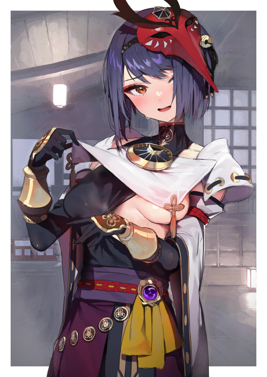 1girl absurdres bird_mask black_hair blush breasts clothes_lift genshin_impact hair_over_one_eye half-closed_eyes highres japanese_clothes kujou_sara looking_at_viewer mask mask_on_head no_bra one_breast_out open_mouth pomesaurus short_hair solo sweat underboob vambraces vision_(genshin_impact) wide_sleeves