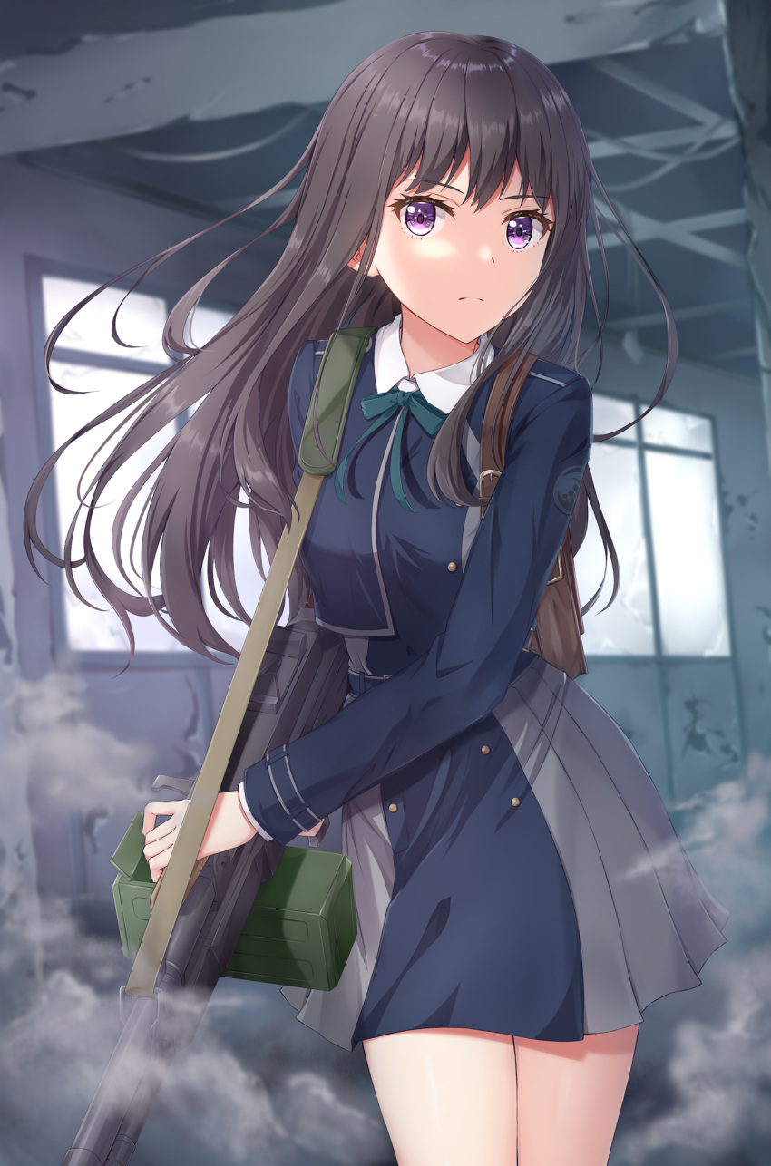 1girl backpack bag black_hair closed_mouth collared_shirt commentary cowboy_shot green_ribbon highres holding holding_weapon inoue_takina long_hair long_sleeves looking_at_viewer lycoris_recoil lycoris_uniform muwa12 purple_eyes ribbon shirt solo two-tone_dress uniform weapon weapon_request