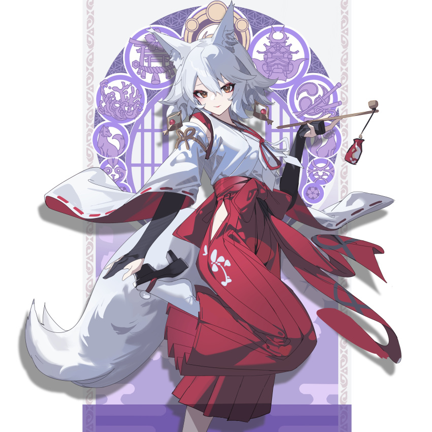 1girl absurdres animal_ears foot_out_of_frame fox_ears fox_girl fox_tail genshin_impact hair_between_eyes hakama hakama_skirt highres hip_vent holding holding_smoking_pipe japanese_clothes kitsune_saiguu leg_up looking_at_viewer pants qtian red_hakama red_pants skirt smoking_pipe solo standing standing_on_one_leg tail