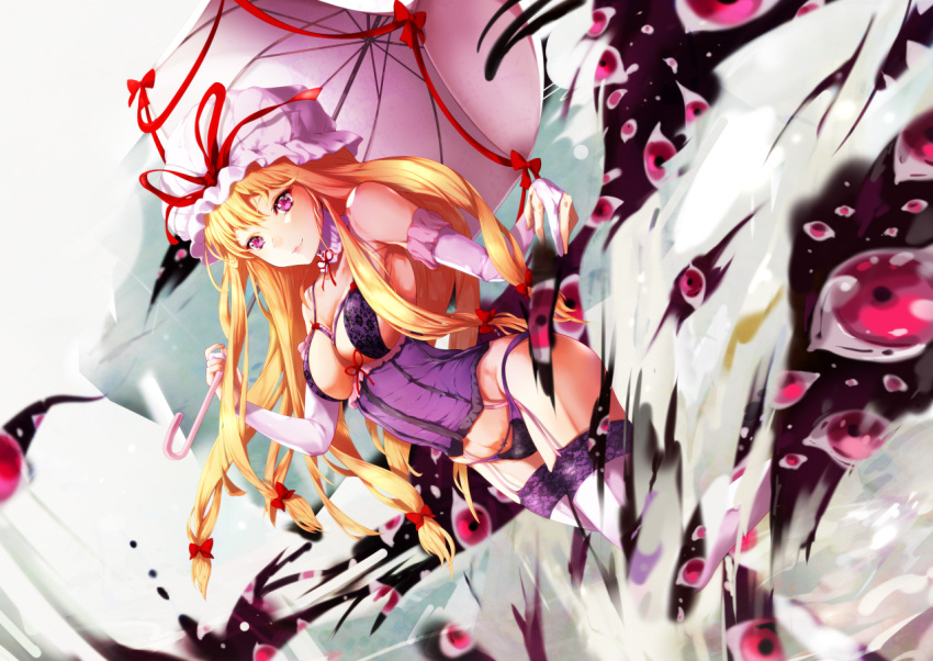 1girl armpits blonde_hair bow corset detached_collar elbow_gloves garter_straps gloves hair_bow hat hat_ribbon lingerie long_hair mayonaka_taruho mob_cap multi-tied_hair neck_ribbon purple_eyes red_bow red_ribbon ribbon sidelocks simple_background solo thighhighs touhou underwear very_long_hair white_background white_headwear yakumo_yukari